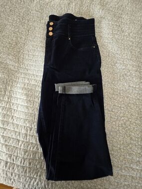 Ann Taylor High-Rise Dark Navy Jeans with Gold Buttons
